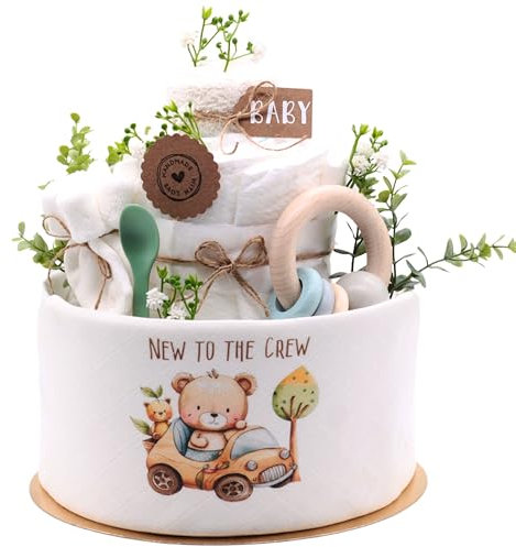 Windeltorte Vintage Bär | New to the Crew |Musselintuch,Breilöffel,Rundrassel Holz,Babysocken,Spucktuch Frottee |Babygeschenk Geburt (Junge)
