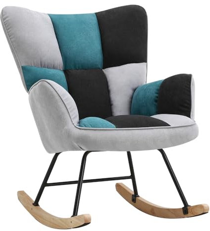 DARDVORLAG Schaukelstuhl Dreifarbiges Leinen-Color-Blocking Schwingsessel Relaxsessel für Wohnzimmer Schlafzimmer Belastbarkeit bis 150 kg(Nur für Erwachsene) Schwarz, Grau, Blau