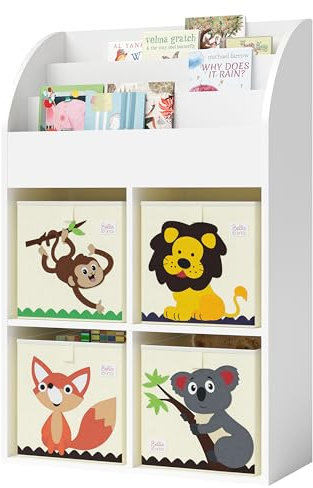 Bellabino Kinderregal Koro, Spielzeug Aufbewahrung, Bücherregal für Kinder mit 3 Fächern für Bücher und 4 Fächern für Boxen (inkl. 4 Faltboxen AFFE/Löwe/Koala/Fuchs)