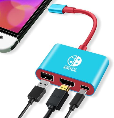3 in 1 Switch Dock für Switch/Switch OLED, USB 3.0 Port, Portable Switch Docking Station Travel für Nintendo Switch/Switch OLED, Portable Switch TV Adapter mit 4K HDMI (Blau+Rot)