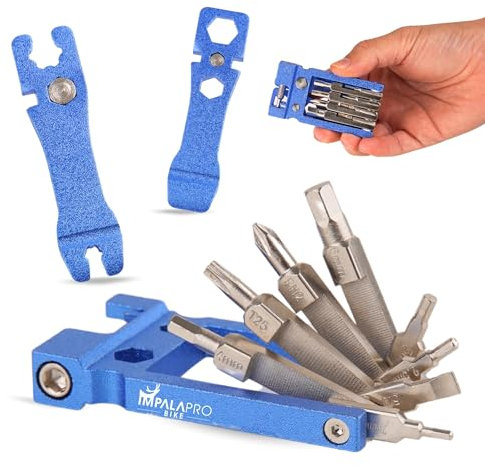 IMPALAPRO Multiherramienta bicicleta 20 en 1 ultraligera y compacta (117,5g) fabricada con aleación de Cromo-Vanadio (CRV) - Kit Herramientas Bicicleta MTB incluye tronchacadenas bicicleta (Azul)
