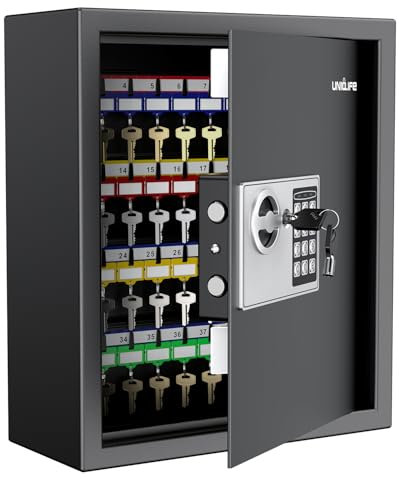 Uniclife Armoire à clés à 70 positions avec combinaison et serrure à clé - Fixation murale - Organiseur de clés numérique réinitialisable - Noir - Avec serrure à clavier - Supports réglables