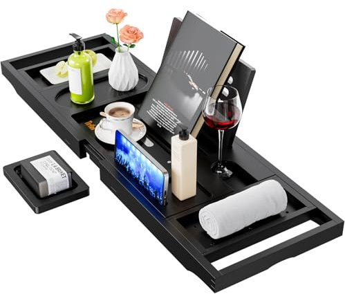 Bamboo Bath Tray, Adjustable Retractable Bath Caddy, Can Hold Books, Tablets, Mobile Phones, Aromatherapy, Wine Glasses, Suitable For Most Wooden Bathtub Tray, Black