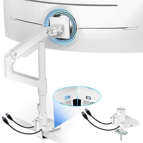 ARES WING Ultrawide Monitor Mount with USB A/C, with Extended Column for 17 to 49 inch Heavy Duty Monitor, Holds 44 lbs, Adjustable Gas Spring Desk Mount, White