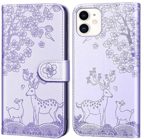 Nbziyoo Phone Case for iPhone 11, Embossed Deer Floral Animal Flip Wallet Case with Card Slots, Premium Magnetic Protective PU Leather Cover Case for iPhone 11.Purple