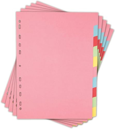 5 Pack | A4 10-Part File Subject Dividers | Multi Coloured Tabs Multi Punched