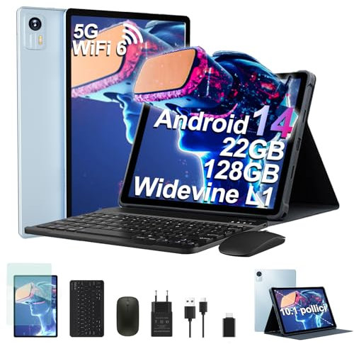 Bvlary Tablet 2025 Newest Android 14 tablet 10 Pollici 22GB RAM 128GB ROM, 5G+2.4G WiFi 6, 6000mAh, Octa-Core, GMS, Widevine L1, FHD IPS, BT 5.0, Tablet con Tastiera e Mouse,Custodia - Blu