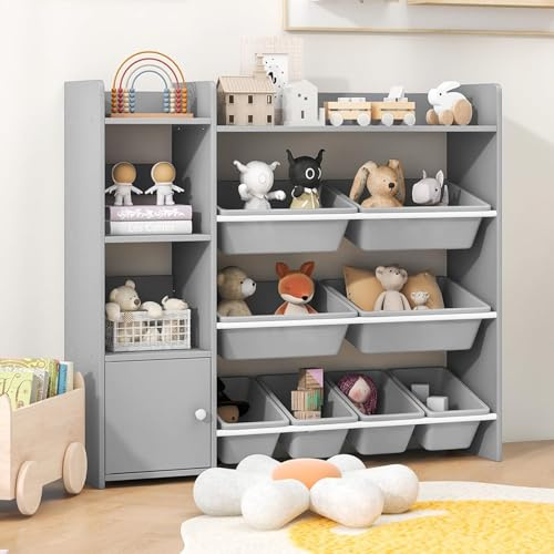 Kids Toy Storage Organizer, 4-Tier Mutifunctional Bookcase with 8 Removable Storage Bins Large Cabinet, Children Toddler Bookshelf and Toy Organizer for Playroom Nursery Daycare (Gray)