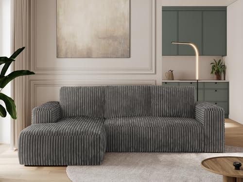 MKS MEBLE Sofa mit Schlaffunktion - Ecksofa mit Schlaffunktion und Bettkasten - Sofa 3 Sitzer - Schlafsofa - Couch - Schlafsofa mit Bettkasten - Trentino L - Dunkelgrau Cord - Links