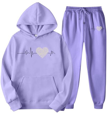 Eauptffy Jogging Suit Women's Set, Long Sleeve Teddy Fleece Sweatshirt, 2-Piece Tracksuit, Baggy Warm Lined Leisure Suit, Round Neck, Thick Tracksuit, Printed Sweatshirt Suit, light purple, Medium