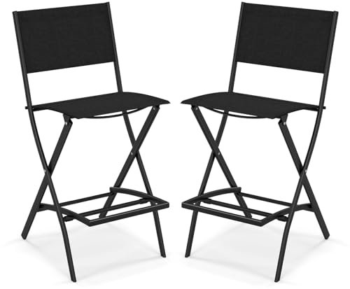 GIANTEX 2er Set Barhocker Outdoor, Gartenstühle Klappbar, Barstühle mit Fußstütze, Sitzhöhe 71cm, Terrassenstühle mit atmungsaktivem Stoff und Metallrahmen (Schwarz)