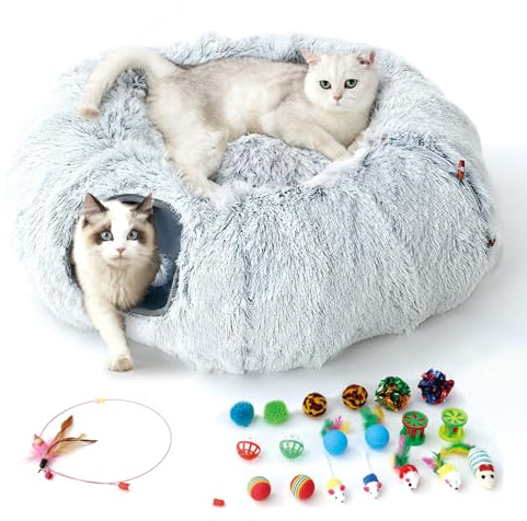 FURRYPAWS Katzentunnelbett mit 20 Spielzeugen, multifunktionaler Donut-Katzen-Spieltunnel, faltbar, Plüsch, Haustierhöhle, Versteck mit Blicklöchern und Ball, für Kätzchen, Kaninchen, Meerschweinchen
