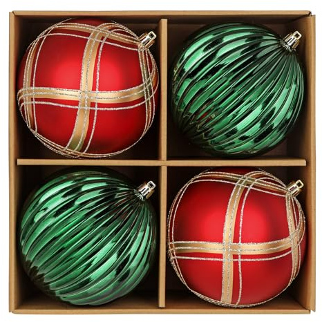 4er Set 12CM Weihnachtskugeln Große Glänzender Christbaumschmuck Weihnachtsdeko mit Geschenkpaket Aufhänger Weihnachtsbaumschmuck Rot Grün Weihnachtsbaum Dekoration Set für Weihnachtsbaum
