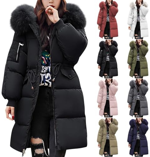 Angxiwan Wintermantel Damen Winterjacke Lang Puffer Jacke Warm Gefüttert Winterparka Winter Mantel Parka Steppmantel Reißverschluss Daunenmantel mit Kapuze