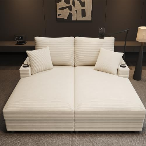 Bladez Doppelschlafsofa mit Schlaffunktion, Cord Sofa mit gepolsterter Liegefläche, Handyhalterung, USB- & USB-C-Anschluss, Getränkehalter, 2-Sitzer Couch für Wohnzimmer & Schlafzimmer (beige)