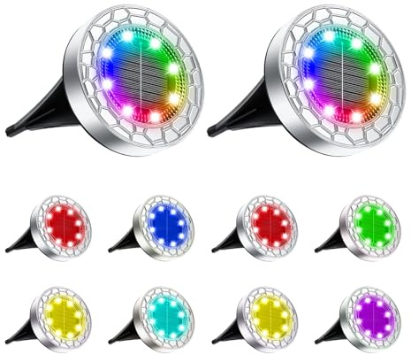 FIFlying 10 Pièces Lampe Solaire Extérieur Jardin | 8 LED Lampe Solaire en Acier Inoxydable pour Pelouse, Allée, Trottoir, Patio, RGB Multicolore