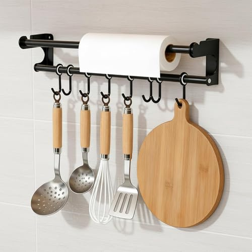 PARFCO Küchenstange 40 cm mit 8 Haken, Hakenleiste Küche Schwarz | Mit 8 Küchenhaken für Utensilien, Praktische Wandhalterung für Küche, Bad und Haushalt Inklusive Montageanleitung