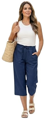 Womens Linen 3/4 Trousers Ladies Cropped Capri Pants Elastic Waist Drawstring Summer Casual Lightweight Holiday Beach Trousers Pockets Navy 16