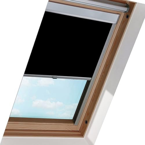 Hebitod Dachfenster verdunkelungsrollo, Thermorollo, Sonnenschutz, mit Führungsschiene, Aluminium Rahmen, Schwarz, Rollo für dachfenster, für F06 (Fenstergröße: 49.3x94cm), Einfache Montage