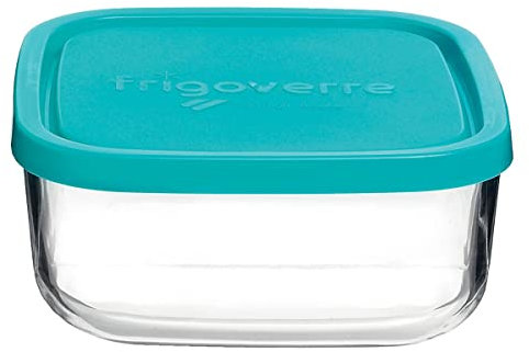 BORMIOLI ROCCO 1663027 Plat Carré en Verre avec Couvercle 75 cl, Bleu, Transparent, 15 x 15 x 6,4 cm