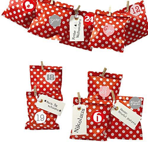 Frau WUNDERVoll® DIY ADVENTSKALENDER BESCHERUNG zum Befüllen, rot Punkt, Ziffern rosa-rot, Papiertueten flach 13x16,5cm / Weihnachten, Papiertüten, Kinder, Zahlen, Geschenkbeutel, Aufkleber
