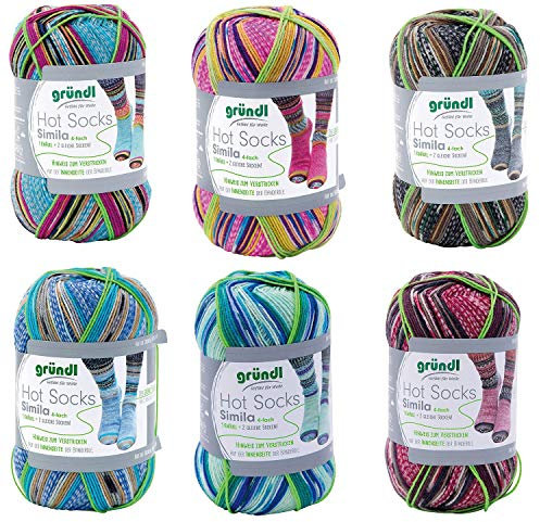 6x 100g Sockenwolle Paket Gründl Hot Socks Simila | Sockengarn für 2 gleiche, identische Socken stricken | 75% Wolle, 25% Polyamid