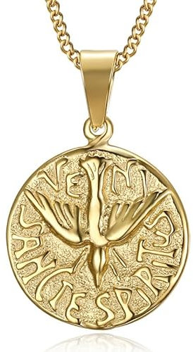 BOBIJOO JEWELRY - Pendentif Collier Médaille Veni Sancte Spiritus Saint Esprit Acier Doré Or Plaqué Chaîne
