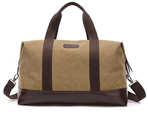 MILASIA Segeltuch Canvas PU Leder Unisex Handgepäck Reisetasche Sporttasche Weekender Tasche für Kurze Reise am Wochenend Urlaub Arbeitstasche 20 Liter （Khaki）