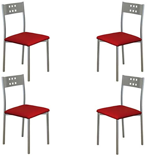 MOMMA HOME Set 4 Sillas - Modelo Xara - Color Plata/Rojo - Material Metal/Ecopiel - Medidas 41 x 47 x 86 cm