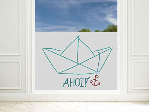 GRAZDesign Fensterfolie Blickdicht AHOI mit Schiff maritim Spruch [80x57cm] für Fenster Bad & Dusche | Sichtschutzfolie Glastür, Badfenster, Flur, Farbe Silbergrau Milchglasfolie BxH