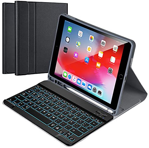Funda con Teclado Español para iPad 10.2” 9th Gen 2021/8th Gen 2020/7th Gen 2019/ iPad Pro 10.5/iPad Air 3, Carcasa PU Delgada con 7 Colores Retroiluminados Teclado Bluetooth Inalámbrico Magnético