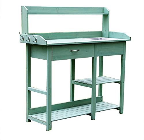 YYUN Pflanztisch mit Haken & Edelstahl-Spüle, Holz Pflanzen Gartenwerkbank, Schubladen-Aufbewahrung Offenes Regal für Patio Rasen Garten (Color : Green)
