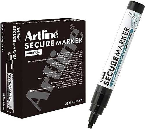 Artline Pack of 12 Secure Permanent Marker Pens Black. Indelible Marker Pens with 4mm Chisel Tip for Obscuring Private Information Permanently - Genuine Permanent Markers & Marker Pens