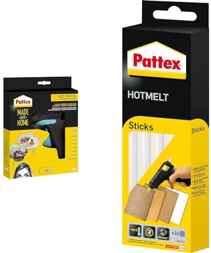 Pattex Made at Home Heißklebepistole, Set aus 1x Klebepistole und 6x Heißklebesticks & Hotmelt 827353 Sticks, Klebesticks, Heißkleber Sticks zum Basteln, 1x10 Sticks, Transparent, 200 g, PTK6