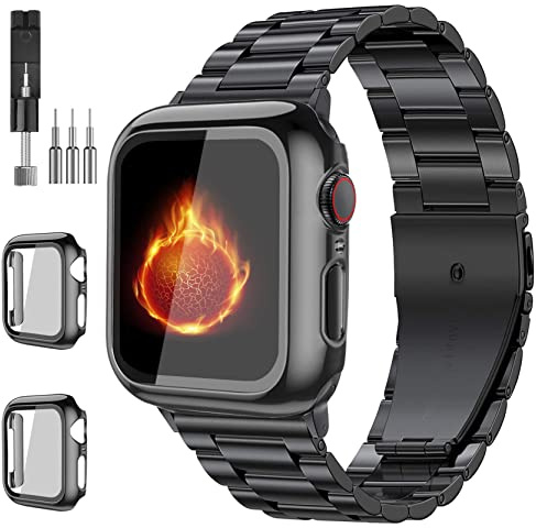 Bekomo Kompatibel mit Apple Watch Armband 49mm 46mm 44mm 45mm 42mm 40mm 38mm 41mm, Edelstahlband mit 2 gehärteten Glashüllen für Serie 11/10/9/Ultra 3, 2/8/7/6/5, 4 US
