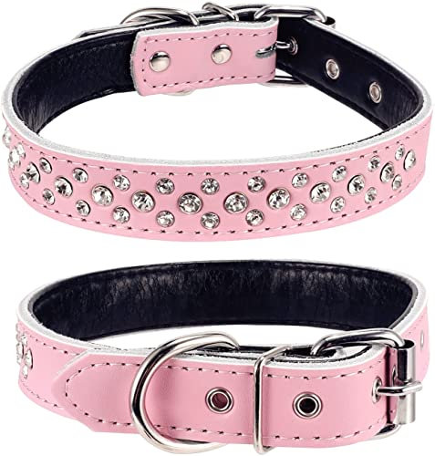 Haoyueer Hundehalsband mit Strasssteinen, verstellbar, glitzernde Kristallnieten, echtes Leder, Haustier-Hundehalsband für kleine und mittelgroße Hunde (M, Rosa)