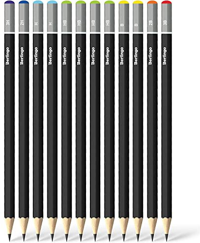 Berlingo Bleistift Set, Zeichenstifte Set, 12 Stück, 3H-3B, vorgespitzt, sechseckig, Helles holz, für das Büro, das Home Office oder die Schule und Uni