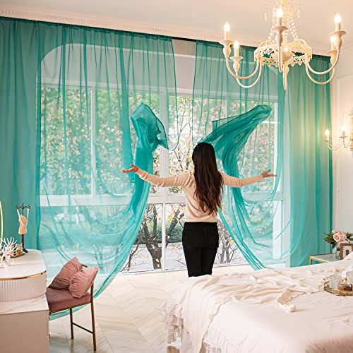 PHILEASY Fenstervorhänge, transparent, türkis, 114 cm lang, 132.1 cm breit, 2 Paneele, durchsichtige Vorhänge, einfache Stangentasche, Panel, 15 Farben, 16 Größen für Schlafzimmer, Hof, Küche