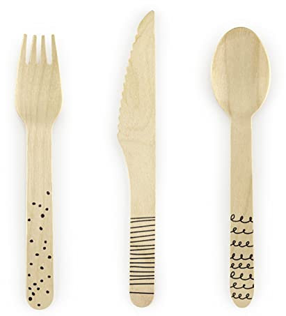 18-teilig Einwegbesteck Set Schwarz Deko Holzgabeln Holzmesser Holzlöffel nachhaltiges Einwegbesteck für Party Camping Hochzeit Geburtstag Besteck einweg aus Holz