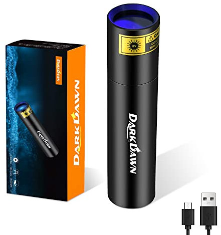 DARKDAWN UV 365nm Lampe Torche Lumière Noire, Mini USB Rechargeable, Lampe de Wood Portable LED Ultraviolet 370nm - Détecteur d'urine Chat, Taches, Billet, Ambre, Uranium, Détection de Fuites