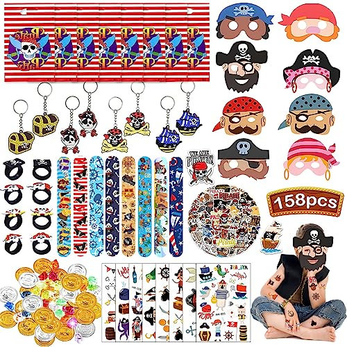 Acebwhtoy Piraten Kindergeburtstag Deko,Piratenparty Geburtstag Mitgebsel,158 Stück pirat Spielzeug mit Schlüsselanhänger Ring Schnapparmband Masken Goldmünzen Geschenktüte und Tattoo Aufkleber