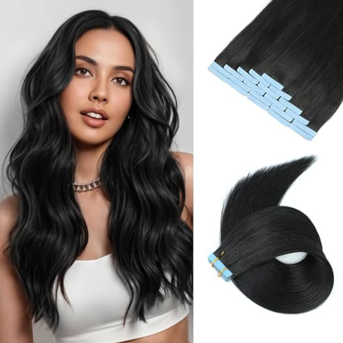 JESSBO Tape in Extensions Echthaar #1 Tief Schwarz 55cm 20 Stück Invisible Seidig Gerade Remy haar echthaar haarverlängerung echthaar invisible tape extensions (50g/Packung)