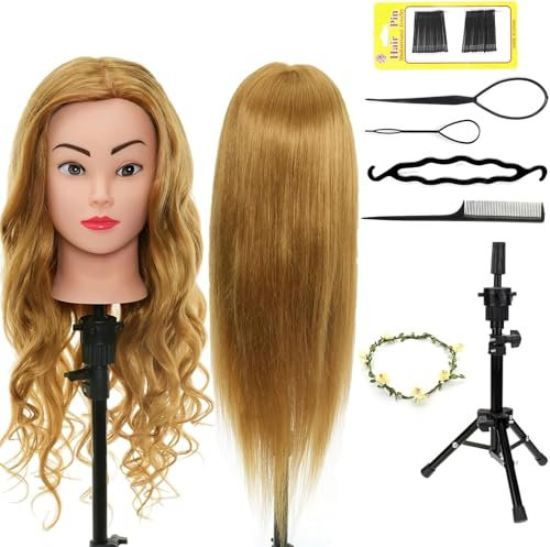 Tete a Coiffer Professionnelle Avec Trépied Support 60% Cheveux Naturel Neverland Tête à Coiffer coiffure le Salon Coiffeur avec Support + Hairdressing Outils Accessoires Set