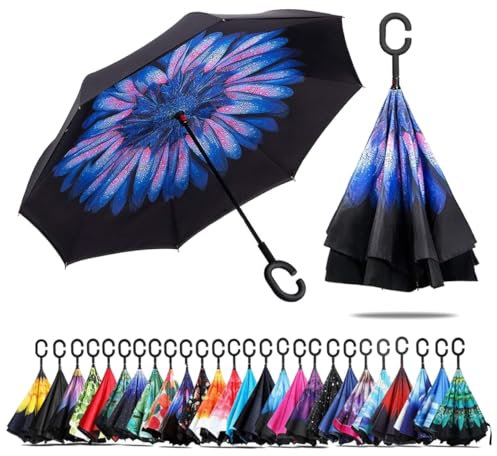 CICILIAYA Doppelschichtiger, faltbarer umgekehrter Regenschirm, selbststehend, umgedrehter Regenschutz, Auto-Umkehrschirme mit C-förmigem Griff, großer gerader Regenschirm, bunt 2, Medium