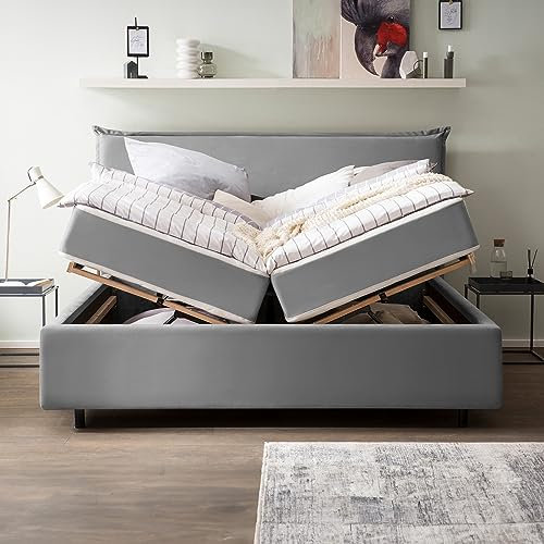 Bett mit Bettkasten 140x200 London Velours, ohne Matratze, Lattenrost, XXL Stauraum, Polsterbett, Doppelbett, Aufbau KOSTENLOS (Grau, 140x200 cm ohne Matratze)