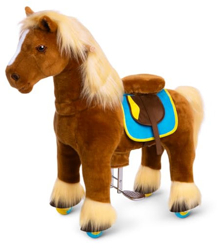 PonyCycle Reitpferd auf Rollen, für Kinder 4–7 Jahre, 89cm Hoch, Schaukelpferd Groß mit Handbremse, Schaukeltier, Stehpferd, Braunes Spielpferd zum Reiten, Premium-Modell X - X46