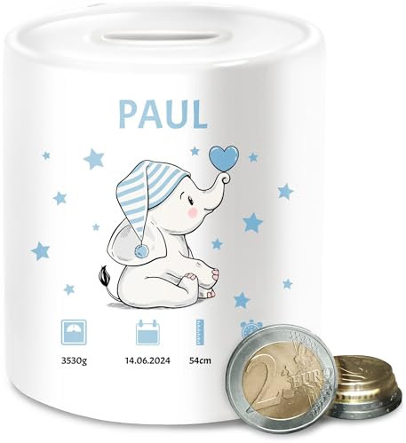 Spardose - Elefant Geburtsdaten mit Name Geschenk zur Geburt Geschenkidee I Geldgeschenk zur Geburt - Unisize - Weiß - personalisierte Geschenke Taufe Baby Babygeschenk personlisiert