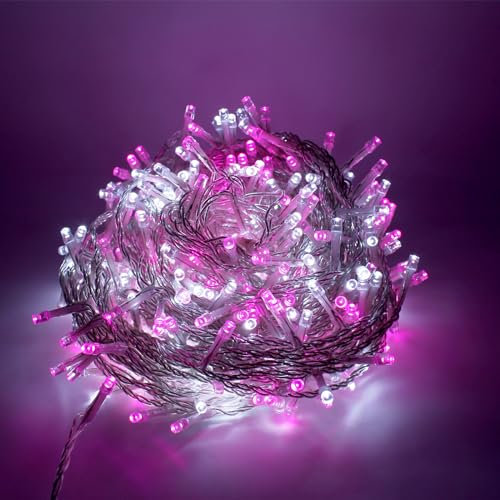 Luccika® serie stringa luminosa di luci da 25 metri con 500 Led Bianco Ghiaccio + Rosa per albero di Natale da Esterno ed Interno controller con 8 giochi di luce e Memoria cavo trasparente