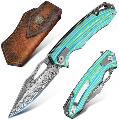 Moontay Coltello Pieghevole da Esterno in Damasco, Coltello da Caccia in Acciaio di Damasco Affilato con Fodero, Impugnatura in G10, per La Sopravvivenza in Campeggio e La Pesca, Regali da Collezione