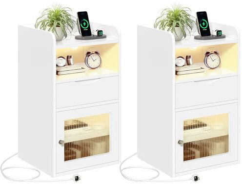 YITAHOME White Bedside Table with Charging Station Set of 2,Bedside Cabinet with LED Lights,1 AC Outlets, 2 USB Ports,Nightstand Side Table End Table Sofa Table with Drawer for Bedroom Living Room
